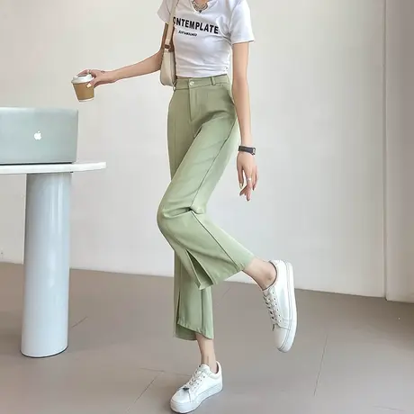 绿色西装微喇裤女小众薄款高腰窄版显瘦九分休闲冰丝开叉喇叭裤潮图片