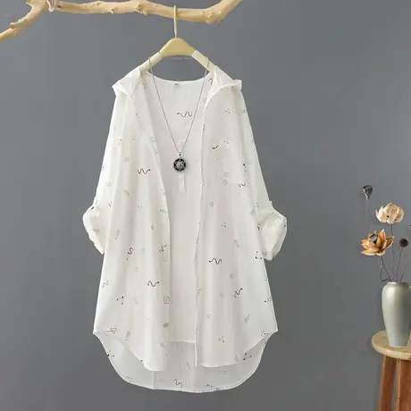 夏装2022新品中长款印花连帽长袖防晒衬衫女韩版休闲防晒衣空调衫商品大图