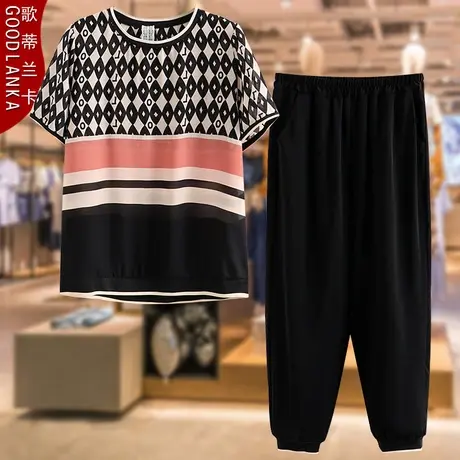 大码中年妈妈夏装运动服两件套洋气减龄印花短袖t恤时尚休闲套装商品大图