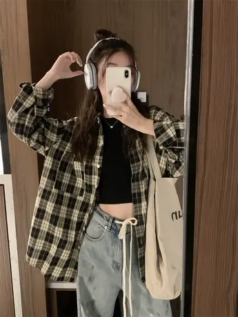 格子衬衫女秋冬外穿宽松韩版设计感小众上衣法式别致长袖衬衣外套图片