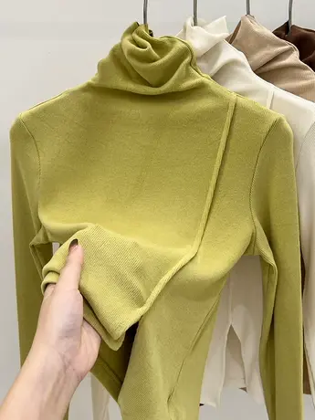 加绒堆堆领高领打底衫女内搭上衣秋冬2022新款开叉不规则磨毛t恤商品大图