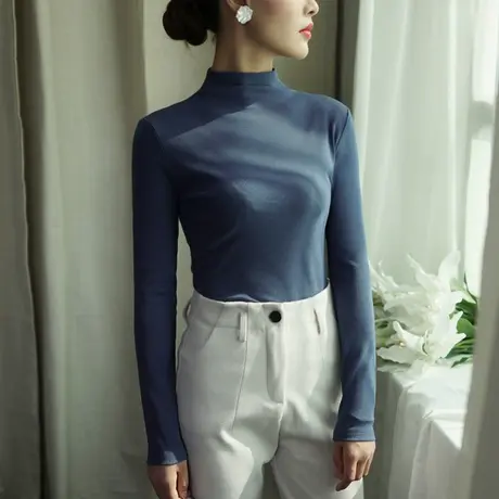 半高领内搭纯色打底衫女2023年新款秋冬百搭修身长袖t恤洋气上衣商品大图