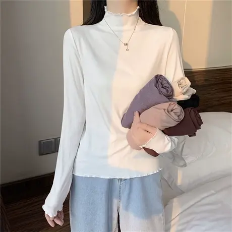 2023新款半高领木耳边内搭修身打底衫女秋长袖t恤女春秋薄款韩版图片