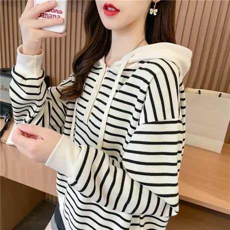 早秋连帽卫衣女春秋季韩版宽松设计感小众初秋薄款小个子条纹外套商品大图