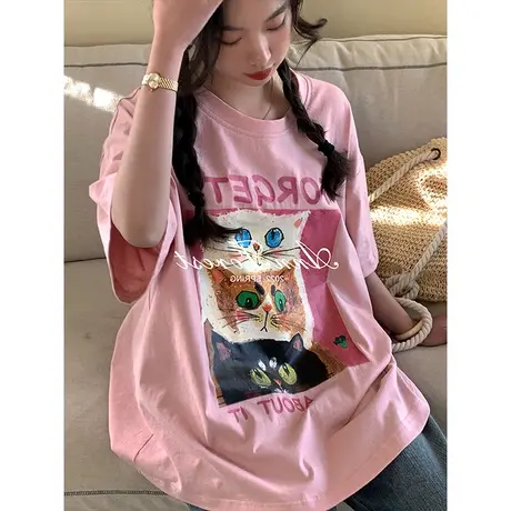 粉色纯棉短袖t恤女oversize韩版宽松圆领夏季半袖chic港味上衣ins图片