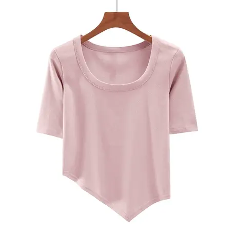 夏季新款韩版U领修身纯白纯色纯欲不规则短款中袖体恤上衣女打底t商品大图