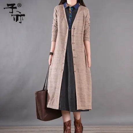 2023秋新款文艺宽松中长款外套休闲纯色螺纹单排扣针织毛衣开衫图片