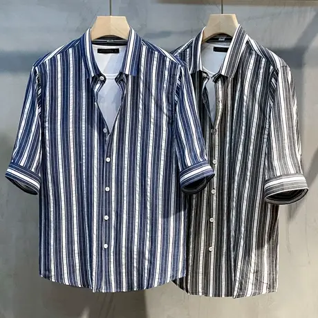 短袖衬衫男士夏季宽松纯棉半袖竖条纹衬衣痞帅日系青年薄款外套潮商品大图