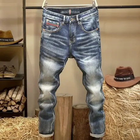 高端水洗牛仔裤男款潮牌复古修身直筒裤美式百搭休闲蓝色磨白长裤商品大图