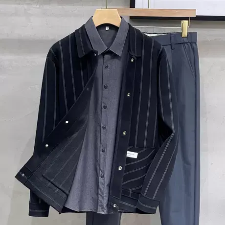 高级感条纹理开衫毛衣外套男翻领修身秋季外穿针织衫夹克潮流上衣商品大图