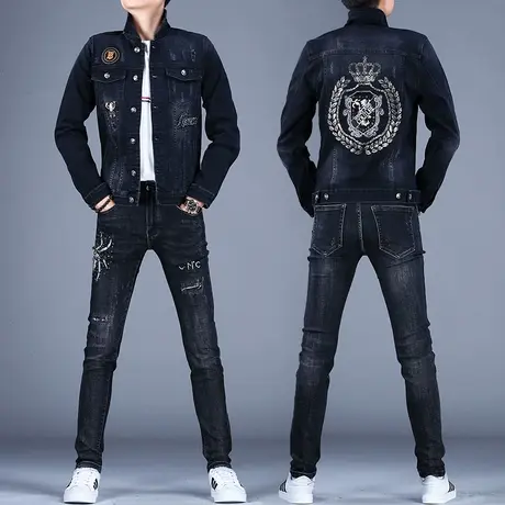 破洞烫钻牛仔套装潮牌男秋款薄新款2023牛仔上衣夹克外套修身休闲图片