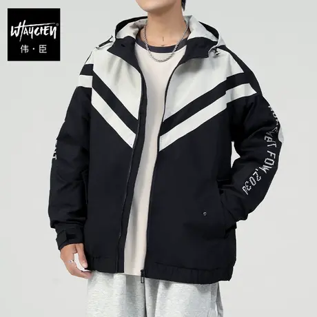 伟臣潮牌大码男装运动风连帽外套男胖子加肥加大宽松拼接秋冬夹克商品大图