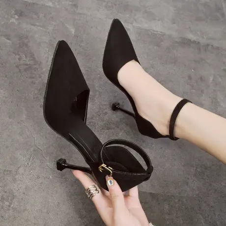 尖头单鞋女2023新款法式少女高跟鞋ins网红细跟一字带中空凉鞋女图片