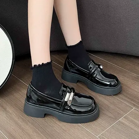 小皮鞋女英伦风2023春季新款黑色一脚蹬乐福鞋增高日系jk制服单鞋商品大图