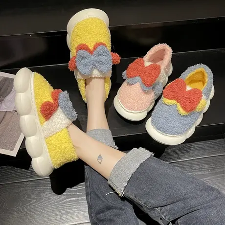 棉拖鞋女包跟冬季厚底高跟可爱蝴蝶结拖鞋家居棉鞋保暖防滑可外穿商品大图