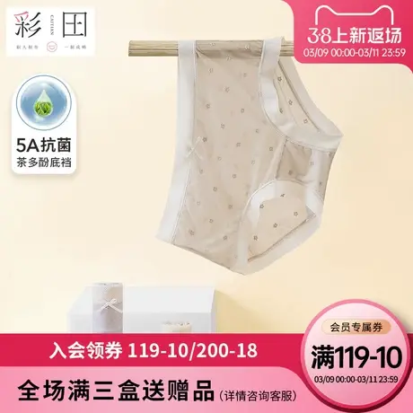 彩田新款夏季高透蕾丝透气植物印影蝴蝶结茶多酚抗菌裆女士三角裤商品大图