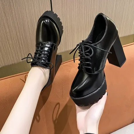 英伦风小皮鞋女2024新款秋冬季粗跟单鞋女鞋防水台超高跟鞋乐福鞋商品大图