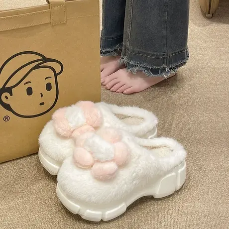 棉拖鞋女冬季外穿可爱花朵松糕厚底增高室内居家毛绒保暖包头拖鞋图片
