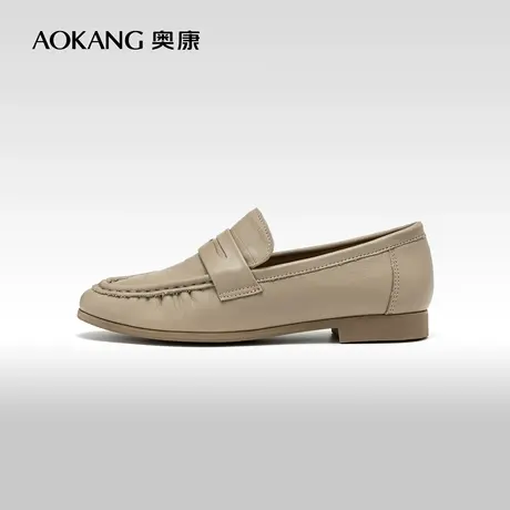 奥康女鞋 2024春季新款真皮褶皱小皮鞋简约百搭一脚蹬豆豆鞋舒适图片