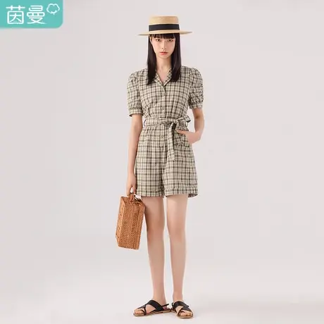 【商场同款】茵曼2023特价清仓短袖连体裤复古格子泡泡袖配腰带商品大图