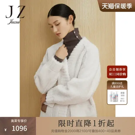 JZ玖姿云雾白羊剪绒外套女装2022冬季新款时尚拼皮休闲羊毛上衣图片