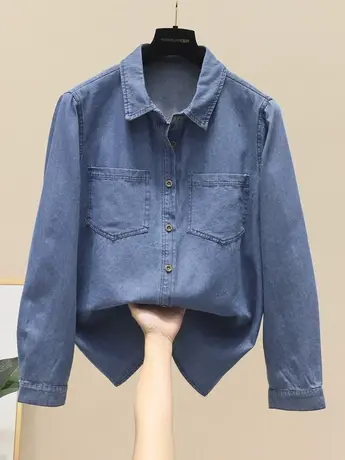 气质翻领复古牛仔衬衫外套女2023春季新款女装宽松炸街百搭上衣潮商品大图