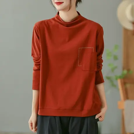 dza复古白色纯棉宽松长袖t恤女春秋洋气内搭上衣半高领休闲打底衫商品大图