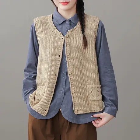 dza 复古纯色工字针织马甲女士春秋外搭V领毛衣背心棉线马夹上衣商品大图