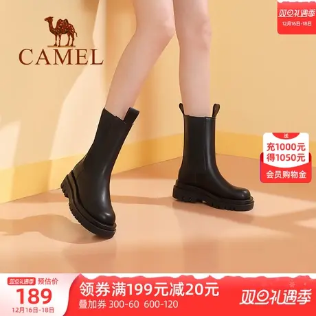 骆驼女鞋2023秋冬新款加绒中筒马丁靴厚底烟筒靴女士切尔西短靴图片