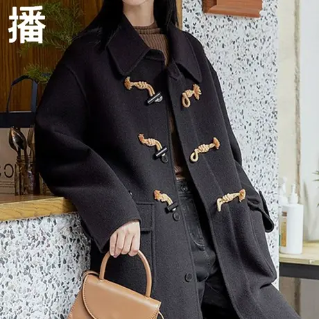 播大衣毛呢外套女冬牛角扣黑色羊毛中长款翻领呢子上衣DDP4AD8023图片
