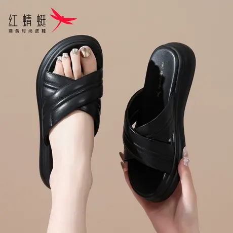 红蜻蜓女鞋平底软底一字拖女士拖鞋女夏外穿新款防滑真皮夏天凉拖图片