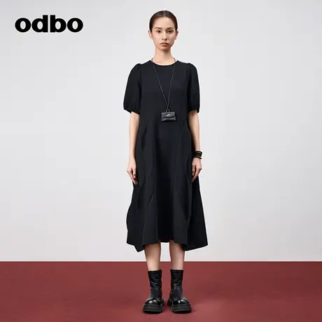 odbo/欧迪比欧时尚气质荷叶边拼接花苞连衣裙女夏季2024新款裙子图片
