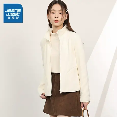 KHV真维斯奶杏色摇粒绒外套女秋冬季修身羊羔绒抓绒衣冲锋衣内胆图片