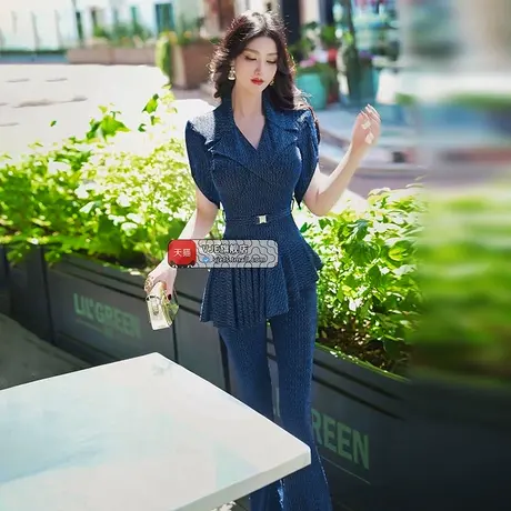 VJE夏季气质减龄OL套装新款时尚裙摆上衣微喇叭裤两件套图片
