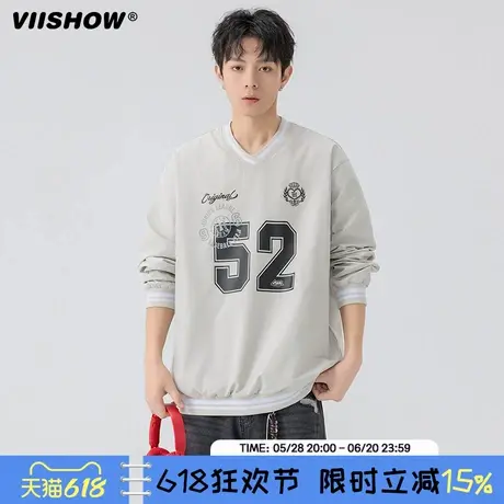 VIISHOW2025年春季新款时尚潮牌撞色V领抽绳套头长袖卫衣外套男图片