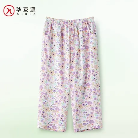 华友源春夏新款女士中老年印花纯棉睡裤宽松大码透气七分裤家居裤商品大图