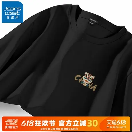 GV真维斯重磅短袖男款夏季黑色厚实不透T恤男生纯棉透气五分袖男A商品大图