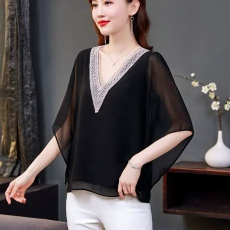 夏季女士雪纺衫2023年新款宽松遮肚子洋气减龄女上衣蝙蝠袖小衫女商品大图