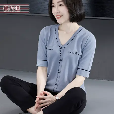 2023夏季新款简约撞色甜美V领小香风针织短袖大码女装外穿上衣服图片