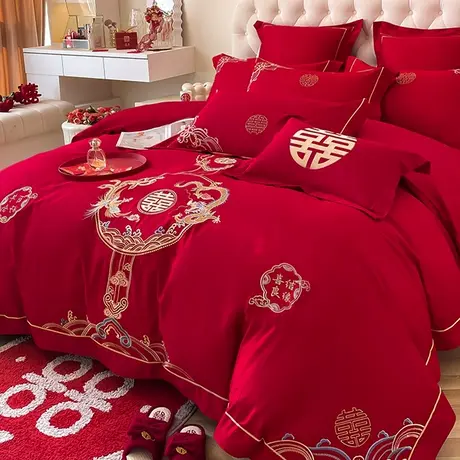 雅鹿中式婚庆刺绣床上四件套新婚大红色婚房磨毛被套喜被床单床品商品大图