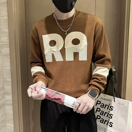 秋季新款字母拼接设计感个性套头卫衣休闲潮牌INS长袖打底体恤衫图片