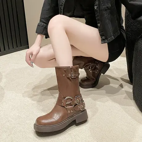 法式复古靴子女2025新款夏季配裙子显瘦粗跟短筒靴气质增高马丁靴商品大图