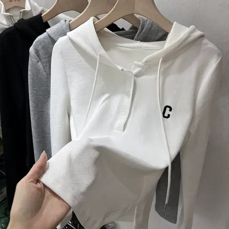 欧货字母刺绣连帽白色卫衣女2023春秋帽衫洋气休闲打底T恤上衣ins商品大图
