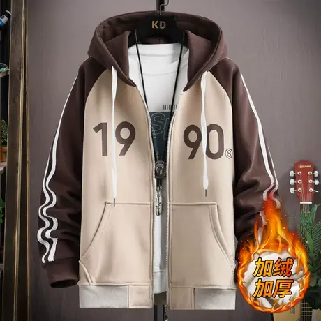 连帽卫衣外套男生秋冬款潮牌宽松美式加绒开衫拼接休闲拉链上衣服图片
