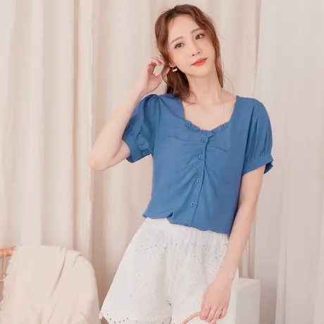 桔熊夏季韩版气质荷叶拼方领莫代尔泡泡袖上衣女大码AB15124商品大图