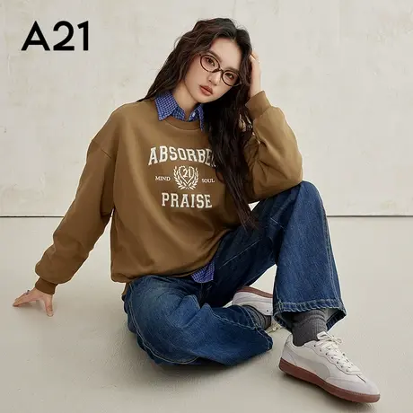 A21女装针织宽松圆领落肩套头中款无绒底卫衣商品大图