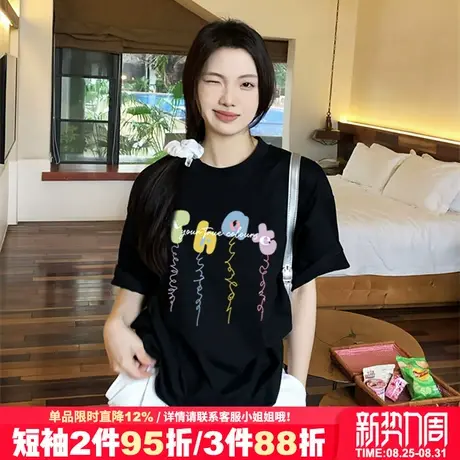 可甜可盐韩系减龄正肩黑色短袖女t恤chic学院风百搭纯棉半袖上衣图片