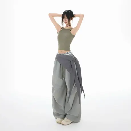 美式复古可拆卸绑带设计感宽松工装裤女春秋休闲运动风叠穿阔腿裤商品大图