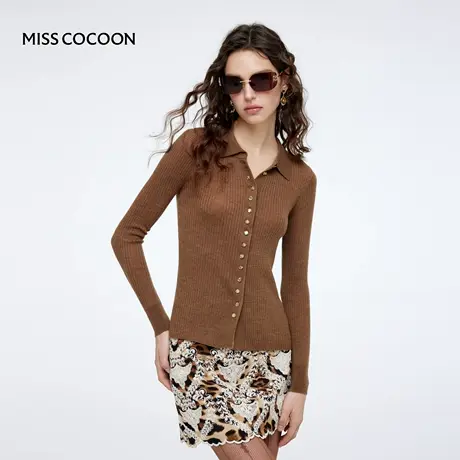 MISSCOCOON可可尼翻领女2025秋冬新款miu系复古咖色长袖针织开衫商品大图