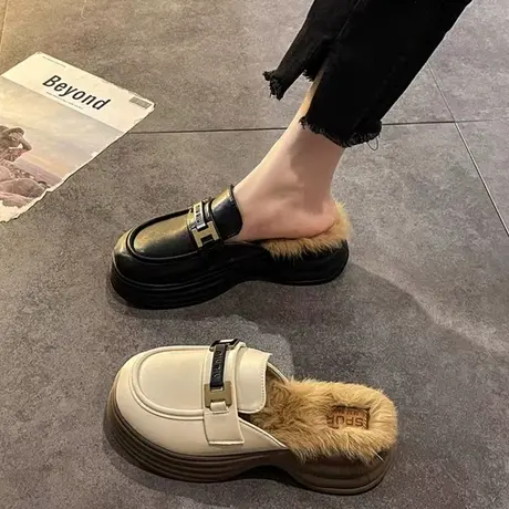 毛毛拖鞋女外穿秋冬季穆勒鞋2023网红包头半拖增高厚底毛毛鞋女鞋商品大图